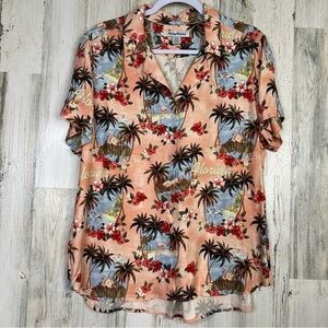 Womens Tommy Bahama Silk Hawaiian Shirt Pink Flamingo Hibiscus Camp Large Resort